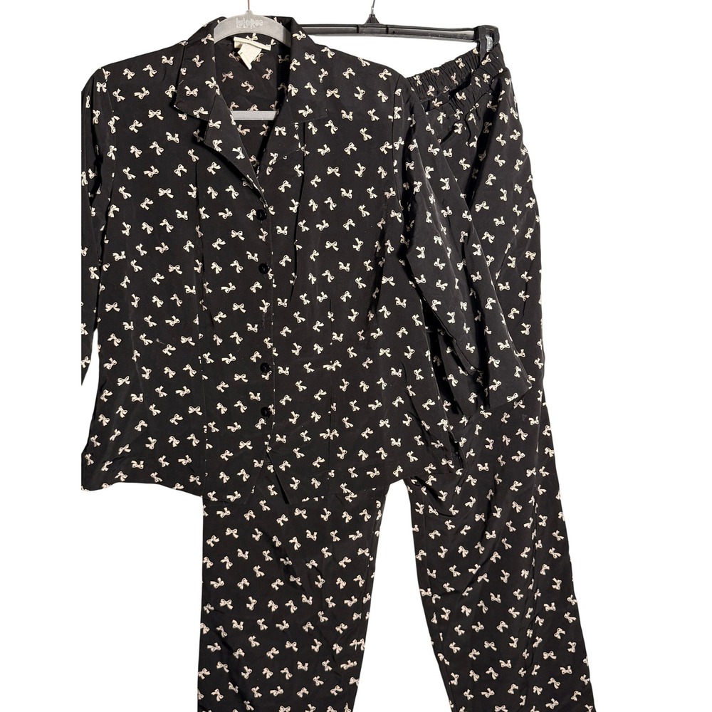 Appleseeds Black Bow Print Button‎ Top and Bottoms Set Women's